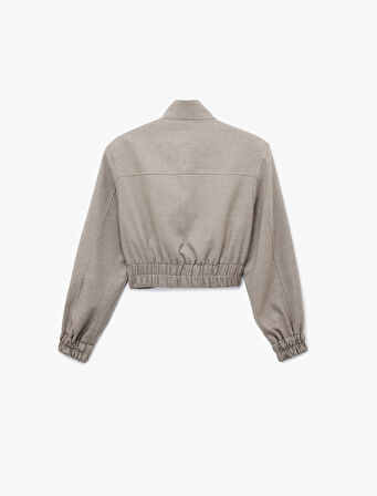 Dik Yaka Uzun Kollu Çıtçıt Düğme Detaylı Fermuarlı Bomber Ceket