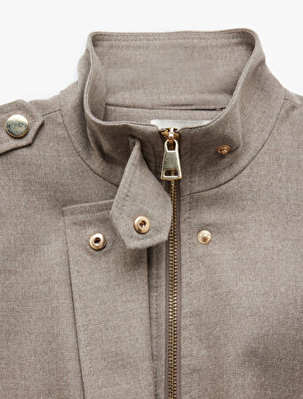 Dik Yaka Uzun Kollu Çıtçıt Düğme Detaylı Fermuarlı Bomber Ceket