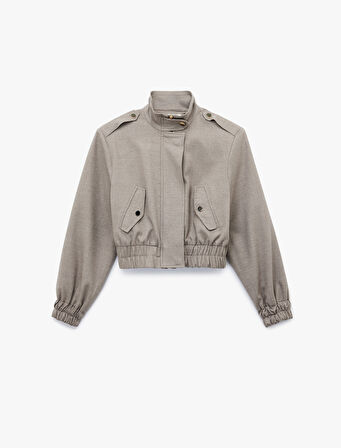 Dik Yaka Uzun Kollu Çıtçıt Düğme Detaylı Fermuarlı Bomber Ceket