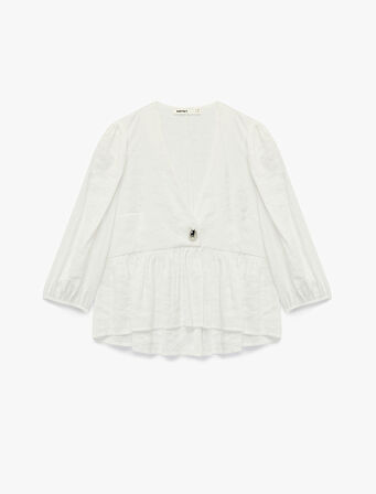 Modal Kumaş V Yaka 3/4 Kol Peplum Kesim Kruvaze Bluz