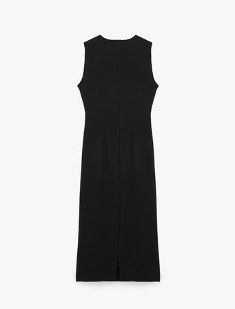 Krep Kumaş Drapeli Aksesuar Detaylı Bisiklet Yaka Kolsuz Midi Elbise