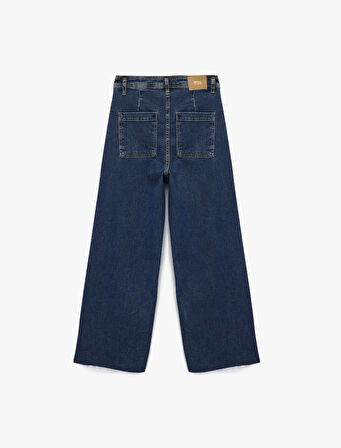 Yüksek Bel Düğmeli Geniş Kısa Paça Jean Pantolon - Culotte Jeans