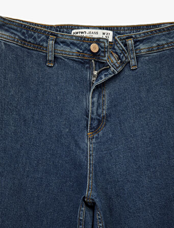 Yüksek Bel Düğmeli Geniş Kısa Paça Jean Pantolon - Culotte Jeans