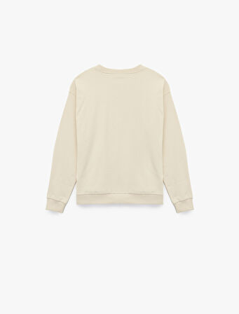 Şardonlu Uzun Kollu Bisiklet Yaka Pamuklu Baskılı Sweatshirt