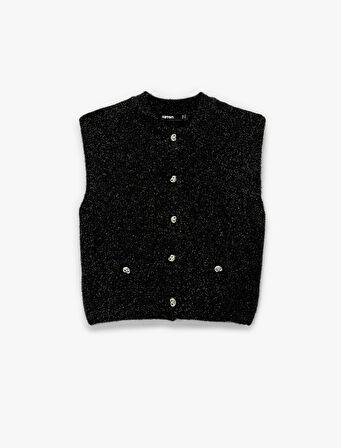 Metalik İplik Detaylı Parıltılı Bisiklet Yaka Triko Düğmeli Peluş Yelek