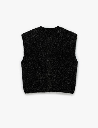 Metalik İplik Detaylı Parıltılı Bisiklet Yaka Triko Düğmeli Peluş Yelek