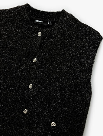 Metalik İplik Detaylı Parıltılı Bisiklet Yaka Triko Düğmeli Peluş Yelek