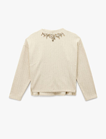 Yumuşak Dokulu Bol Kalıp Uzun Kollu Dik Yaka Taşlı Kazak