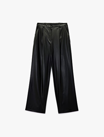 Yüksek Bel Cep Detaylı Palazzo Suni Deri Pantolon