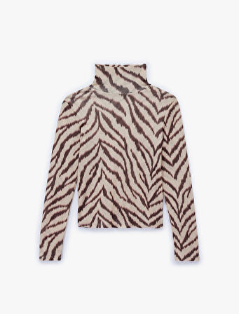 Slim Fit Uzun Kollu Zebra Desenli Balıkçı Yaka Tişört