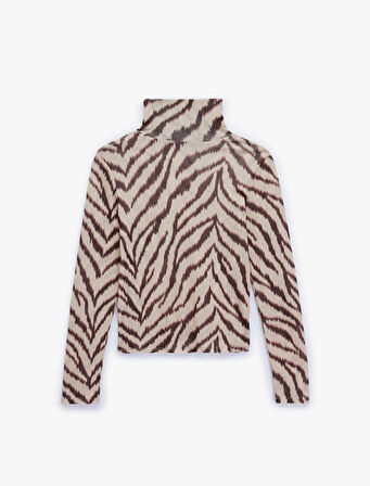 Slim Fit Uzun Kollu Zebra Desenli Balıkçı Yaka Tişört