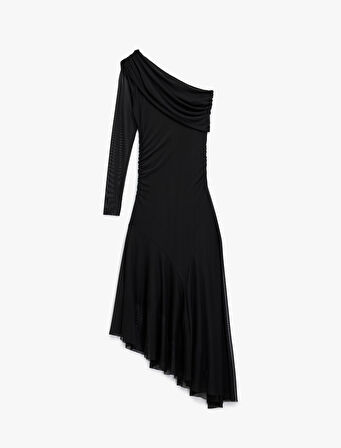 Uzun Kollu Asimetrik Etek Ucu Detaylı Midi Boy Tek Omuz Tül Elbise