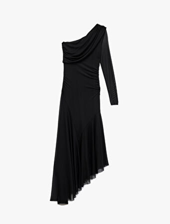 Uzun Kollu Asimetrik Etek Ucu Detaylı Midi Boy Tek Omuz Tül Elbise