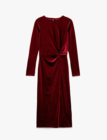 Drape Detaylı Uzun Kollu Bisiklet Yaka Uzun Kadife Elbise