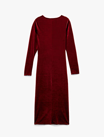 Drape Detaylı Uzun Kollu Bisiklet Yaka Uzun Kadife Elbise