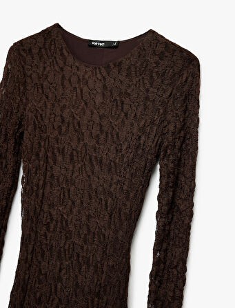 Slim Fit Uzun Kollu Bisiklet Yaka Uzun Dantel Elbise