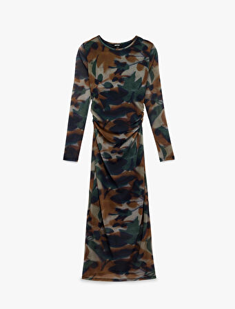 Uzun Kollu Bisiklet Yaka Drape Detaylı Uzun Floral Desenli Elbise