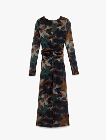 Uzun Kollu Bisiklet Yaka Drape Detaylı Uzun Floral Desenli Elbise