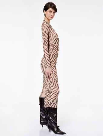 Slim Fit Yırtmaçlı Uzun Kollu Bisiklet Yaka Zebra Desenli Drapeli Elbise