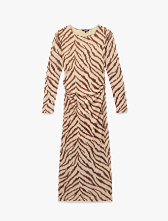 Slim Fit Yırtmaçlı Uzun Kollu Bisiklet Yaka Zebra Desenli Drapeli Elbise