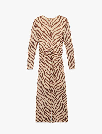 Slim Fit Yırtmaçlı Uzun Kollu Bisiklet Yaka Zebra Desenli Drapeli Elbise