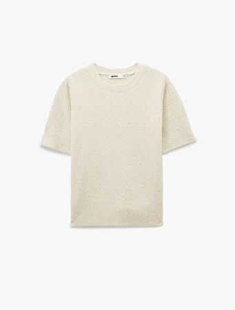 Yarım Kol Bisiklet Yaka Parıltılı Pul İşlemeli Triko Kazak