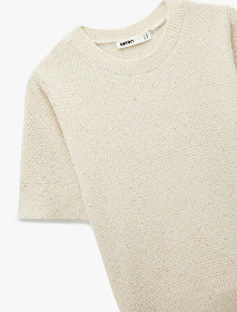 Yarım Kol Bisiklet Yaka Parıltılı Pul İşlemeli Triko Kazak