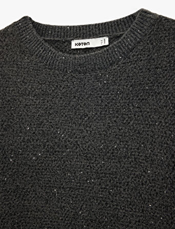 Yarım Kol Bisiklet Yaka Parıltılı Pul İşlemeli Triko Kazak