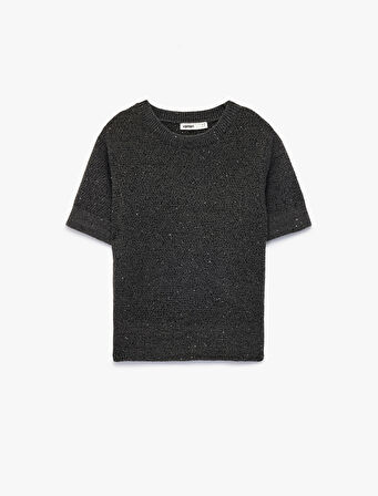 Yarım Kol Bisiklet Yaka Parıltılı Pul İşlemeli Triko Kazak