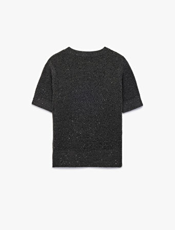 Yarım Kol Bisiklet Yaka Parıltılı Pul İşlemeli Triko Kazak