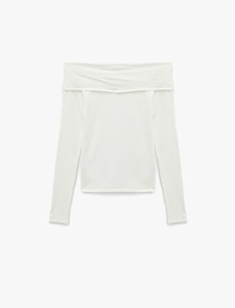 Aksesuar Detaylı Uzun Kollu Omuzu Açık Madonna Yaka Triko Kazak