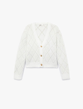 Düğmeli V Yaka Uzun Kollu Parıltılı Baklava Desenli Triko Peluş Hırka