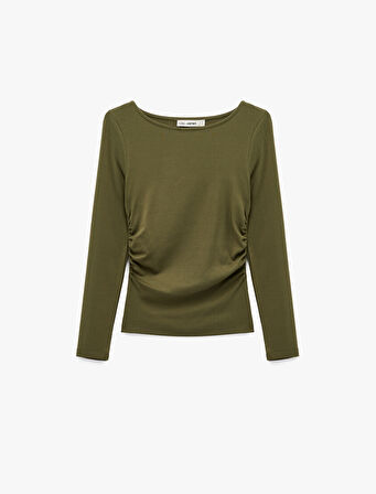 Pamuklu Slim Fit Kayık Yaka Drapeli Uzun Kollu Tişört