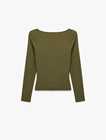 Pamuklu Slim Fit Kayık Yaka Drapeli Uzun Kollu Tişört