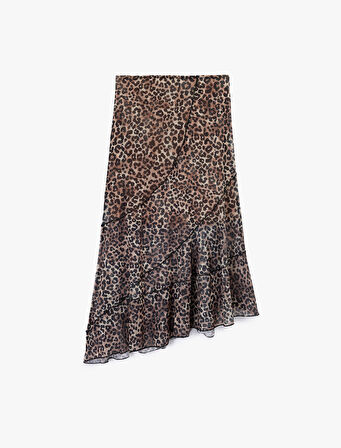 Asimetrik Kesim Katlı Leopar Desenli Midi Etek