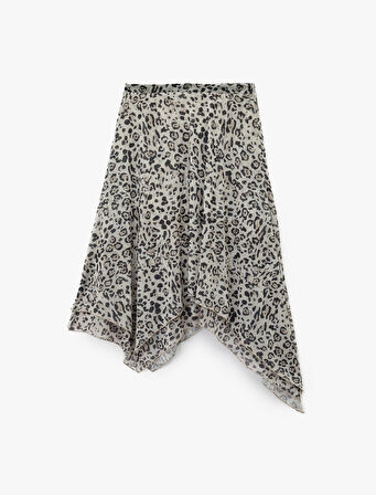 Asimetrik Kesim Slim Fit Midi Leopar Etek