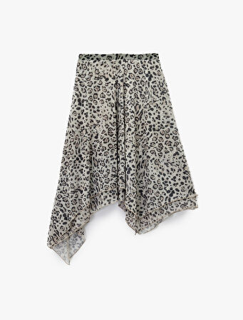 Asimetrik Kesim Slim Fit Midi Leopar Etek