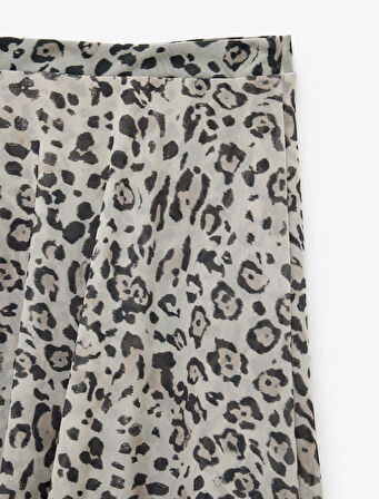 Asimetrik Kesim Slim Fit Midi Leopar Etek