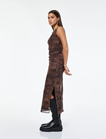 Kolsuz Bisiklet Yaka Yırtmaçlı Drapeli Tül Midi Leopar Elbise