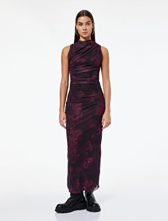 Slim Fit Kolsuz Bisiklet Yaka Çiçekli Uzun Tül Elbise