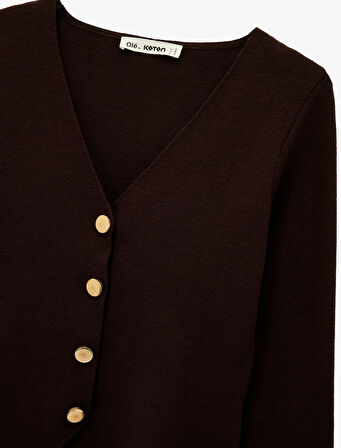 Viskon Karışımlı Uzun Kollu V Yaka Düğmeli Triko Hırka