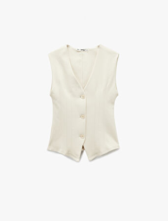 Slim Fit Düğmeli Dikiş Detaylı Kolsuz V Yaka Yelek