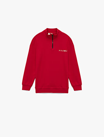 Dik Yaka Yarım Fermuarlı Uzun Kollu Atatürk Nakışlı Pamuklu Sweatshirt
