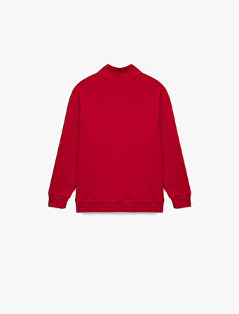 Dik Yaka Yarım Fermuarlı Uzun Kollu Atatürk Nakışlı Pamuklu Sweatshirt
