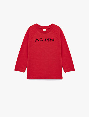 Uzun Kollu Bisiklet Yaka Atatürk Temalı Baskı Detaylı Pamuklu Tişört