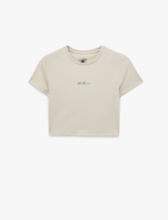 Slim Fit Kısa Kollu Bisiklet Yaka Baskılı Crop Spor Tişört
