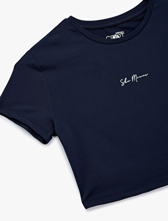 Slim Fit Kısa Kollu Bisiklet Yaka Baskılı Crop Spor Tişört