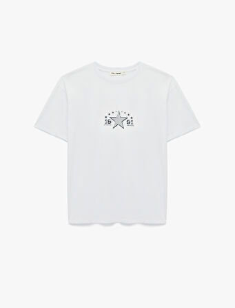 Rahat Kalıp Kısa Kollu Bisiklet Yaka Pamuklu Arkası Baskılı Tişört