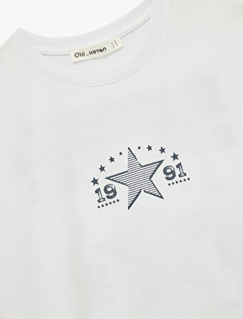 Rahat Kalıp Kısa Kollu Bisiklet Yaka Pamuklu Arkası Baskılı Tişört