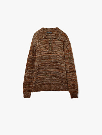 Uzun Kollu Polo Yaka Düğme Detaylı Triko Kazak